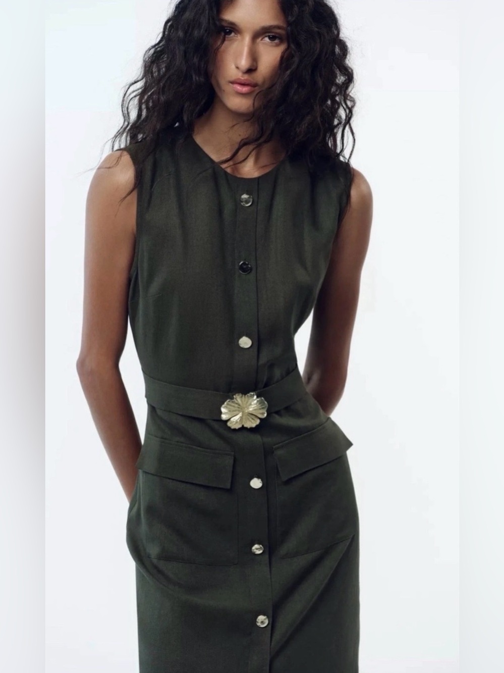 Zara Linen Blend Belted Midi Dressaslee else’s  Green Khaki Golden Appliqué Butt
